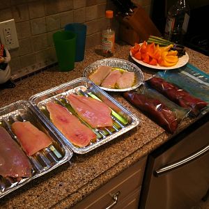 Mix of fluke, sea bass and bluefin tuna (tuna marinated in teriyaki, vegtables were grilled also)