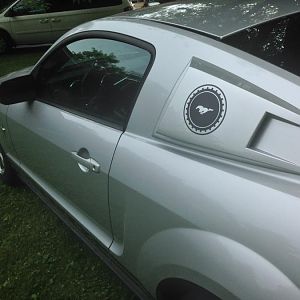 Left side with MMD Eleanor Quarter Window Scoop with custom 1969/70 Mustang emblem sticker installed May/July, 2015.