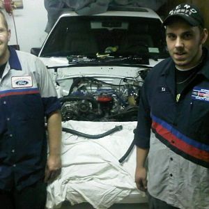 my 2 ford buddies helpin me finish up the car (both work at ford yet different dealerships lol) just had a few hoses left to hook up